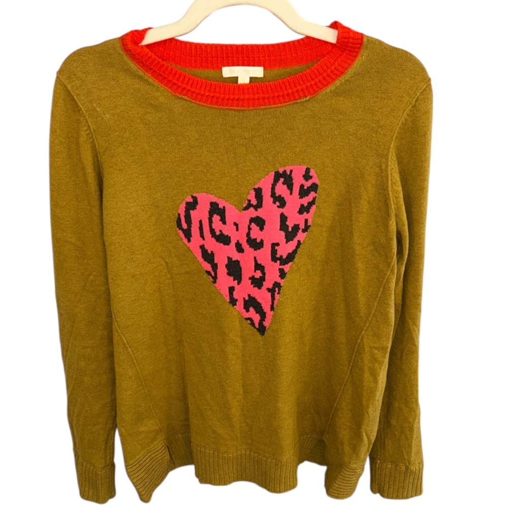 Lisa Todd Olive Green Sweater with Pink Heart & Red Trim